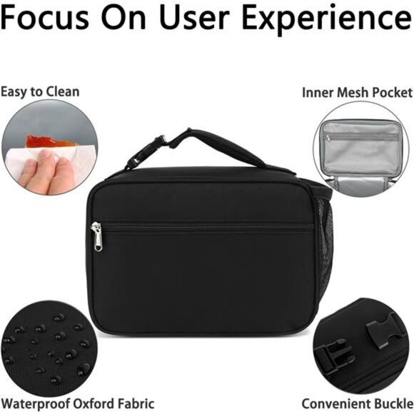 Black Insulated Lunch Box Bag for Kids Adults School Work Picnic Travel Cooler - Picture 5 of 7